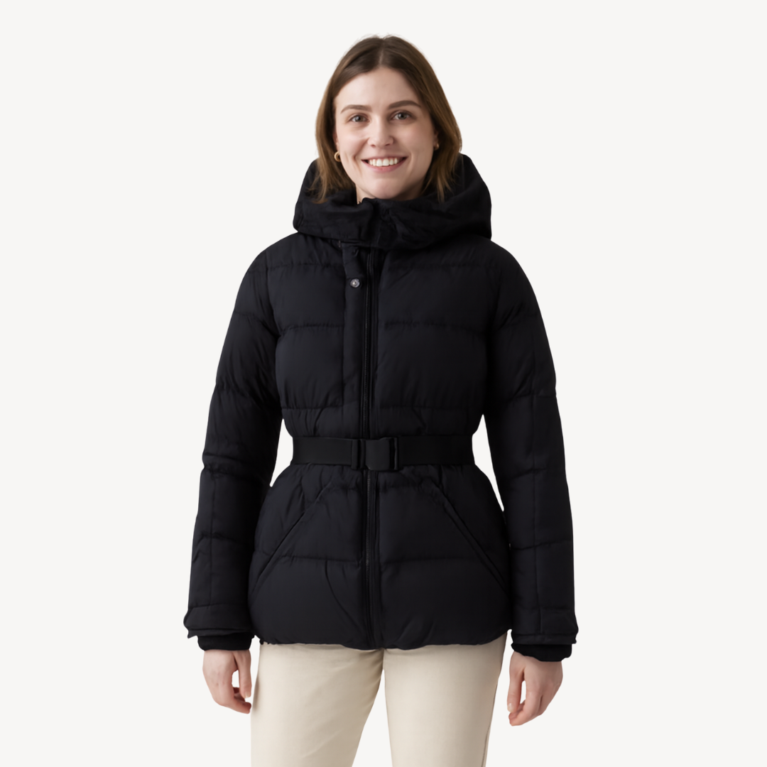 Women’s Hooded Belted Puffer Jacket – Quilted Longline Design