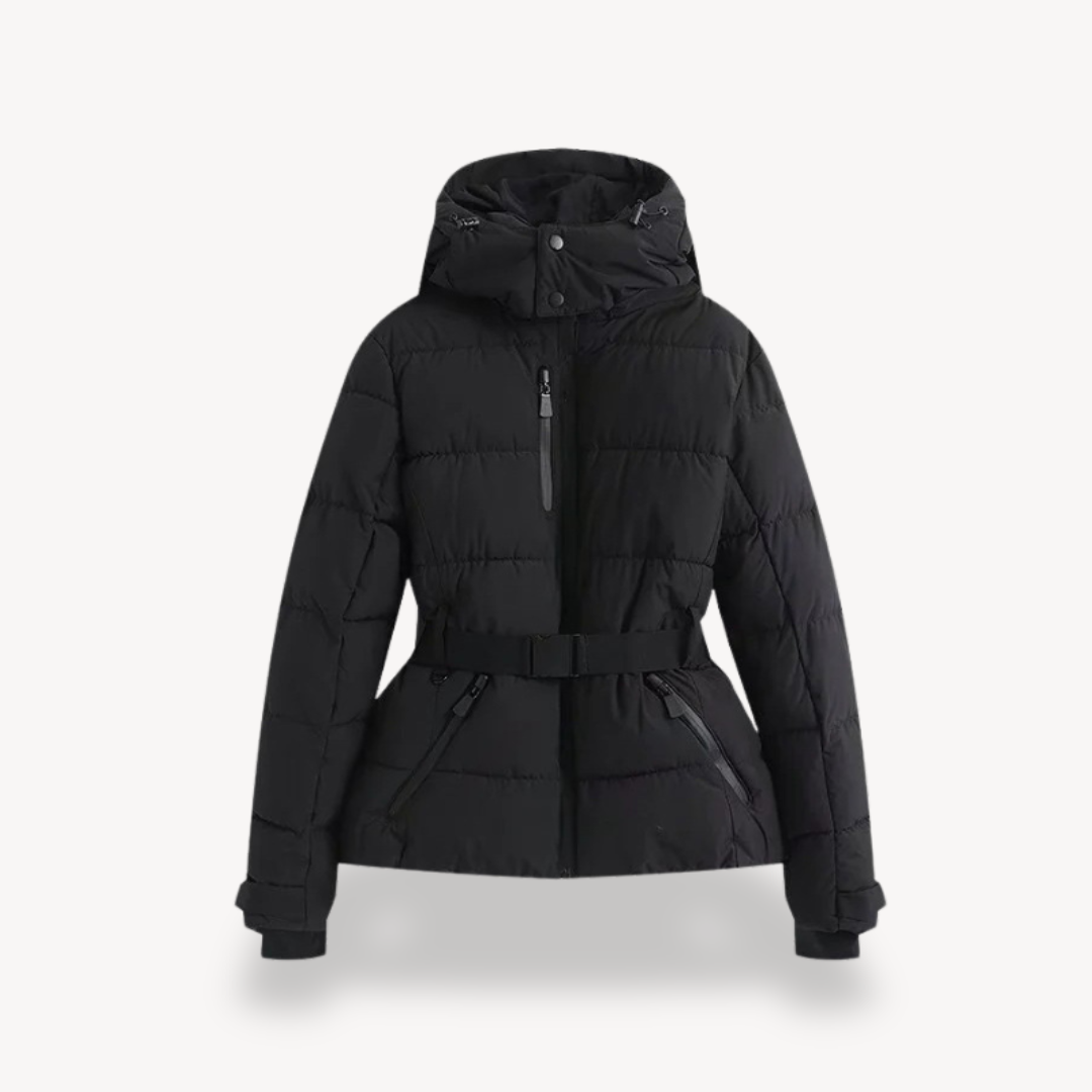 Women’s Hooded Belted Puffer Jacket – Quilted Longline Design